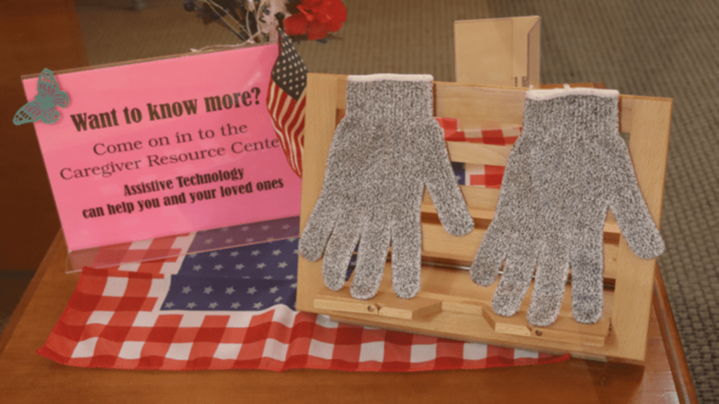 A pair of cut resistant gloves in MAC Assistive Technology Center