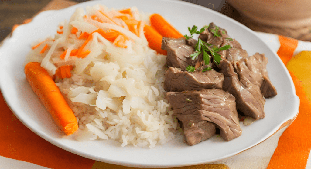 LAmb over rice with cabbage and carrots