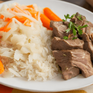 LAmb over rice with cabbage and carrots