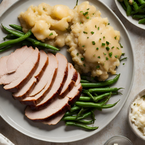 A plate of turkey, mashed potatoes and green beans