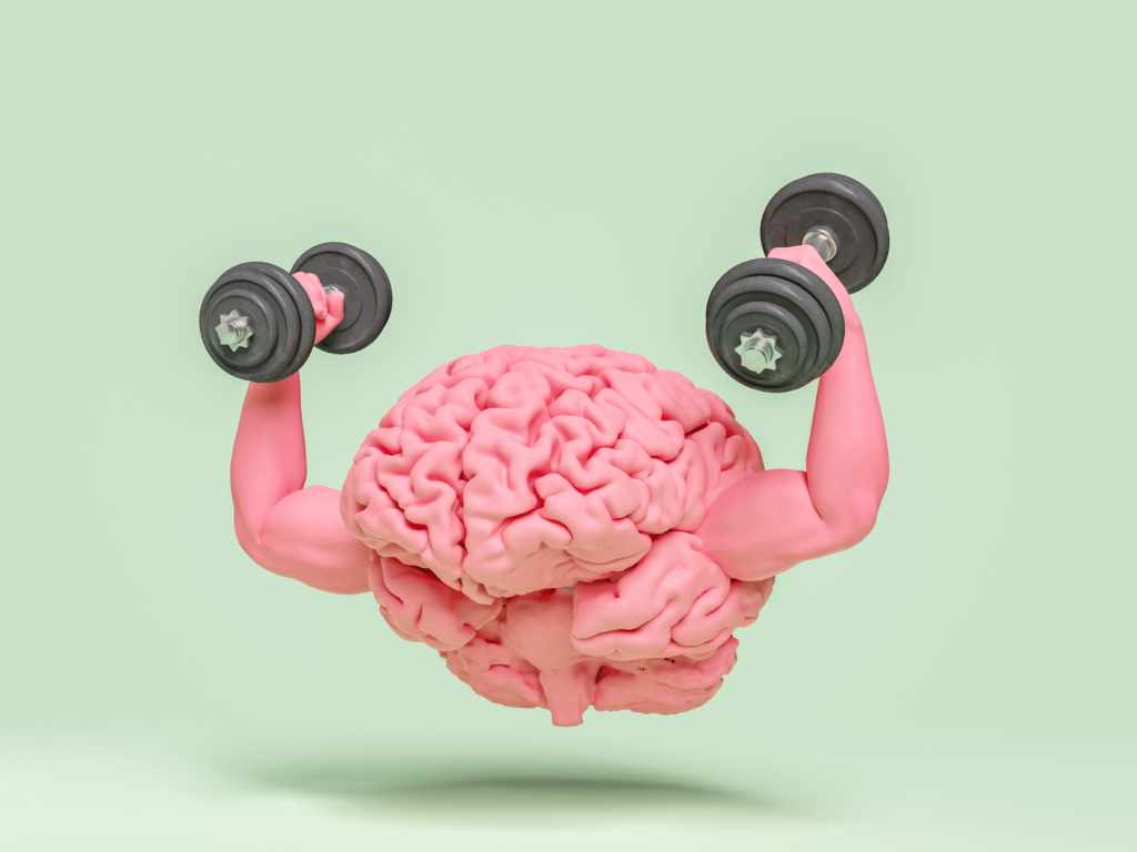 3d rendering of a brain exercising with free wieghts