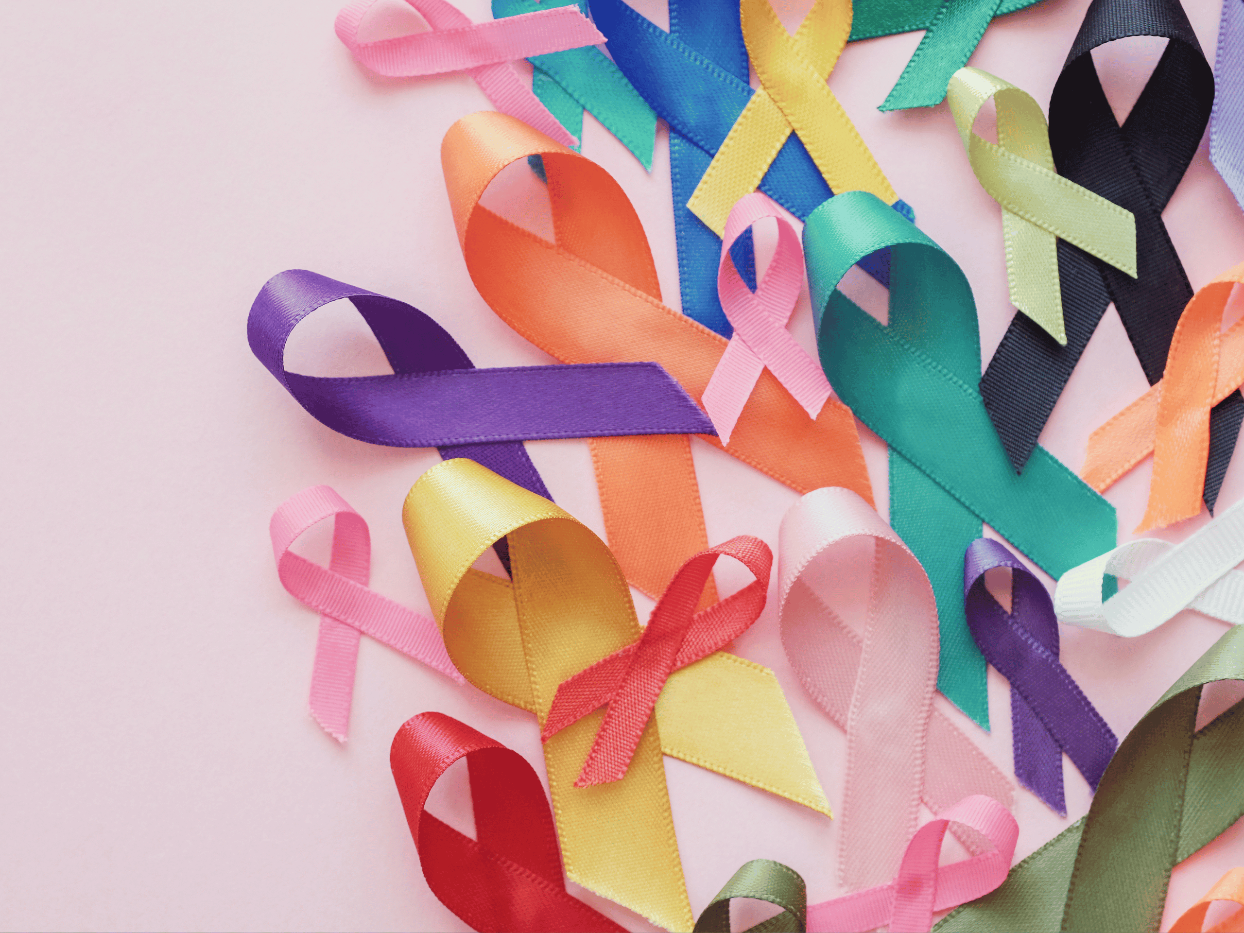 Numerous multicolored cancer awareness ribbons on a pink background