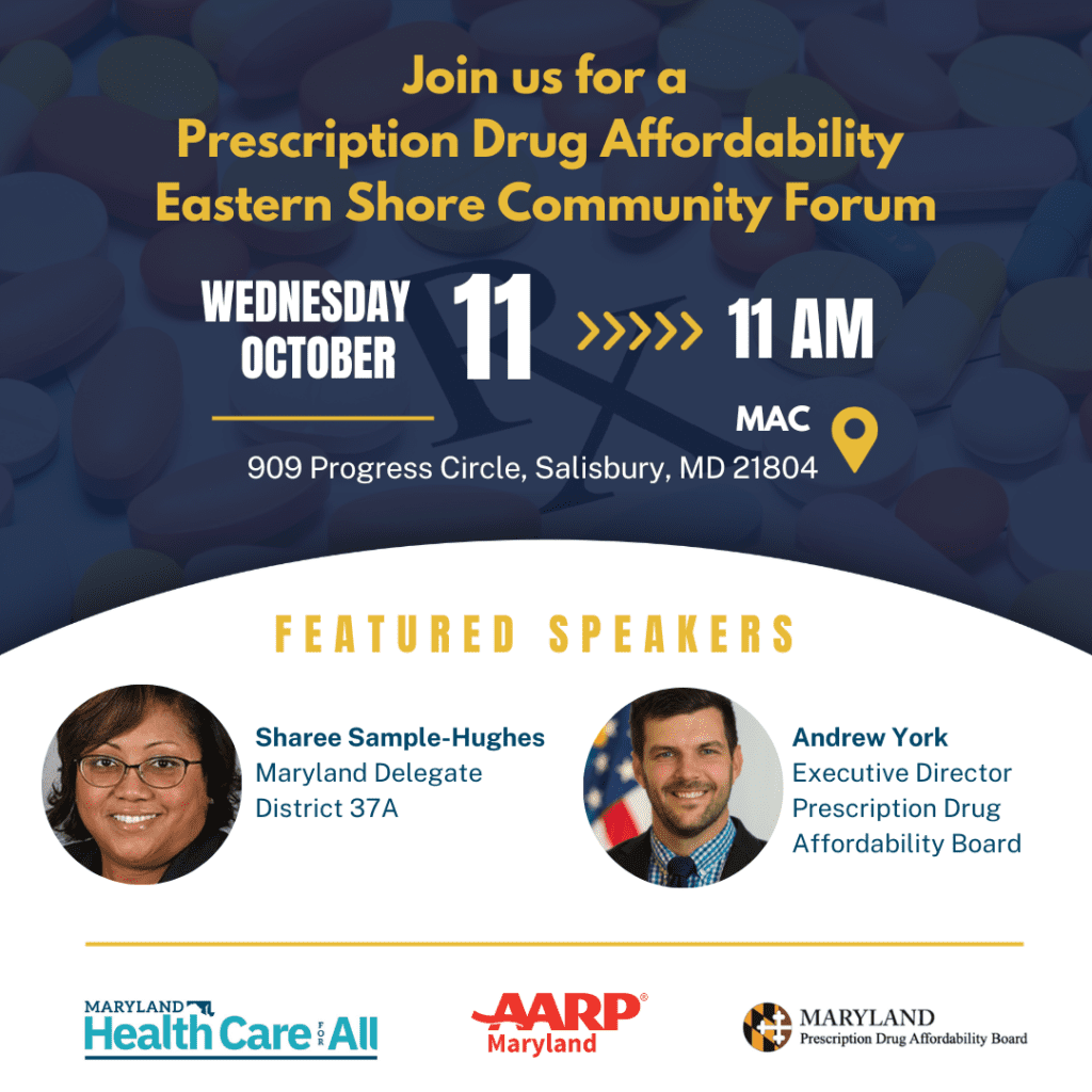 Flyer for Eastern shore community forum, prescription drug affordability