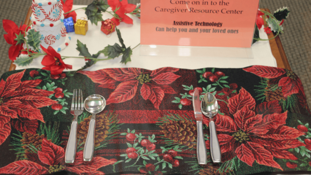 Weighted utensils on display in the caregivers resource center at MAC