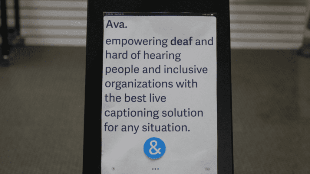 A tablet with the AVA app on display in the assistive technology center