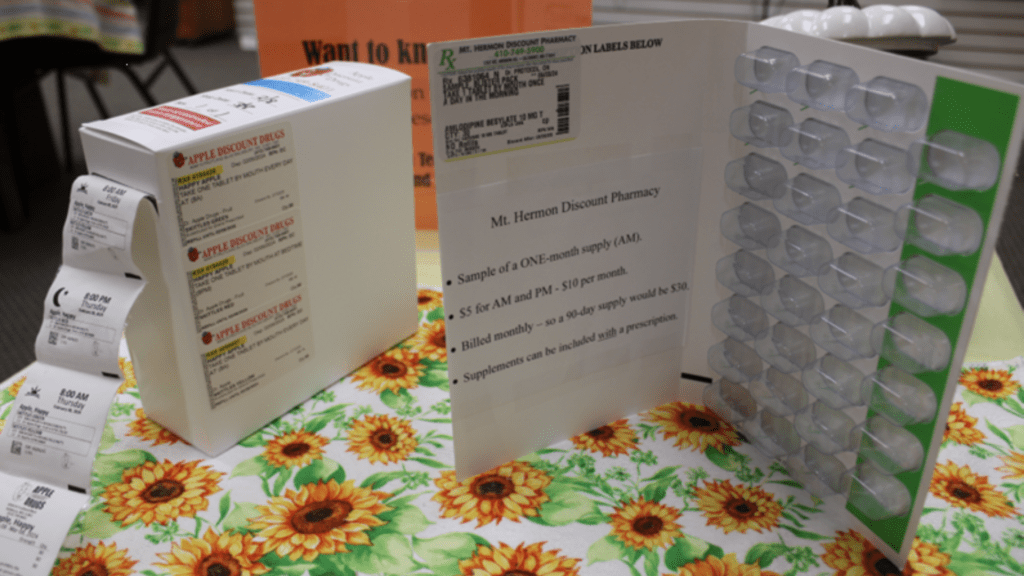 Pill packs on display in the assistive technology center